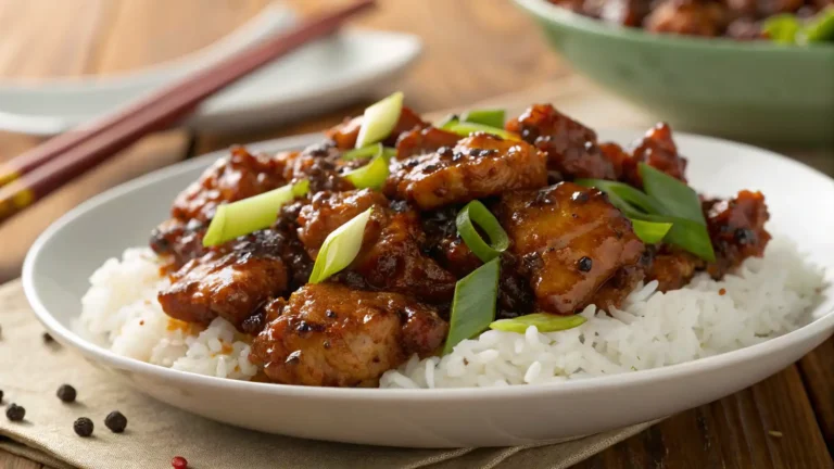 Gluten-free black pepper chicken Panda Express style served over steamed jasmine rice, garnished with green onions and cracked black pepper on a white plate.