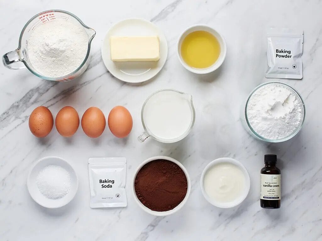Ingredients for gluten-free yellow cake with chocolate frosting - Glutenoo