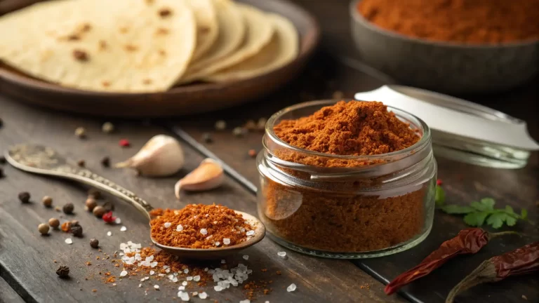 Close-up of a jar of homemade gluten-free taco seasoning, surrounded by cumin seeds and dried chilies on a rustic wooden table.