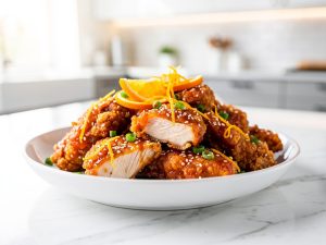 Crispy gluten-free orange chicken coated in glossy sauce, garnished with sesame seeds and fresh orange zest, showing juicy interior.