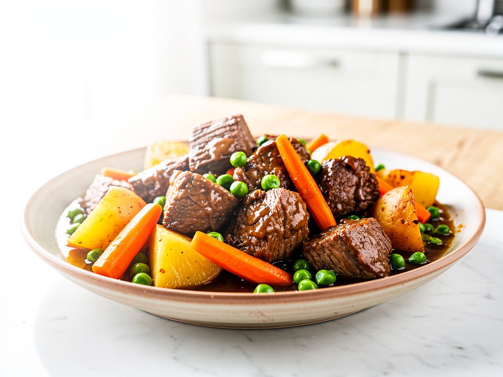 Bowl of thick gluten-free beef stew with tender chunks of beef, carrots, potatoes and bright green peas in a rich glossy gravy.