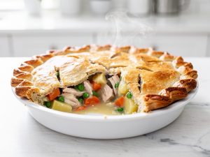 Golden baked gluten-free chicken pot pie with a flaky crust being scooped with a spoon, showing creamy filling