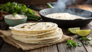 Stack of homemade gluten-free flour tortillas with golden leopard spots, showing a hand folding the top one in half without it cracking or tearing.