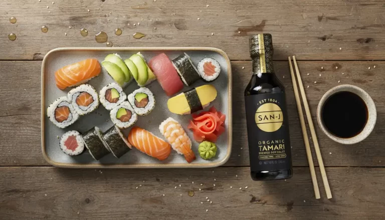 A rustic wooden table featuring a plate of fresh sushi, a dipping bowl, and a bottle of San-J Certified Gluten-Free Tamari soy sauce.