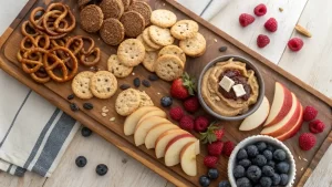 A rustic wooden board filled with a variety of gluten-free snacks, including pretzels, crackers, apple slices, fresh berries, and a bowl of dip.